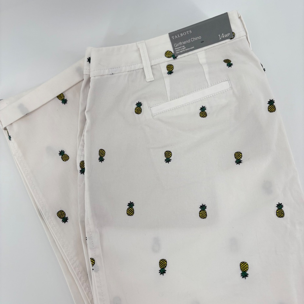 Talbots 14 Plus Petite Girlfriend Chino Embroidered Pineapple Print Whiteโ Pants